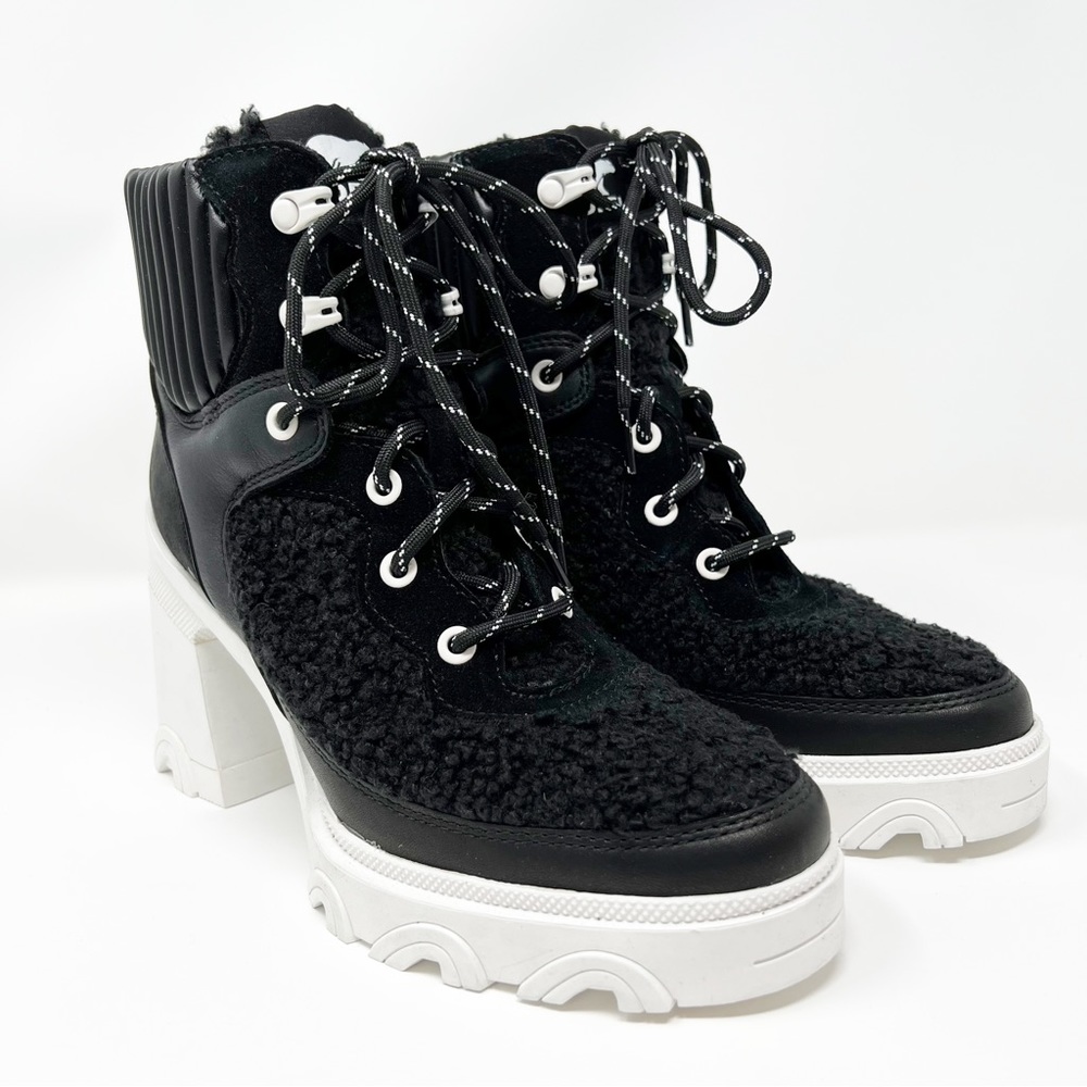 Sorel Brex Cozy Lace Waterproof Boot Black, Sea Salt Chunky Heel 9.5